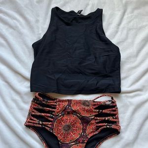 High neck black top size XS, high cut out bottoms size XS
